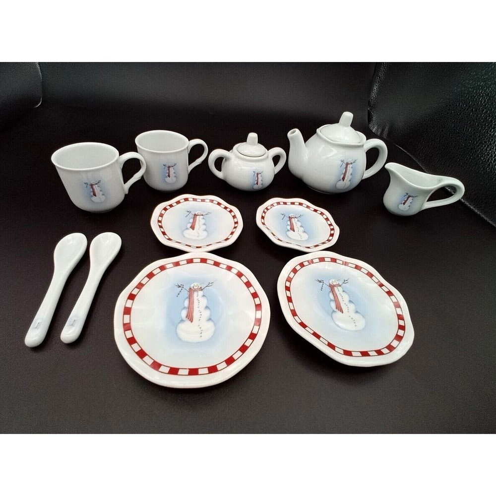 Miniature Snowman Porcelain Tea Party Set 13 Pieces Wicker Picnic Basket Vintage